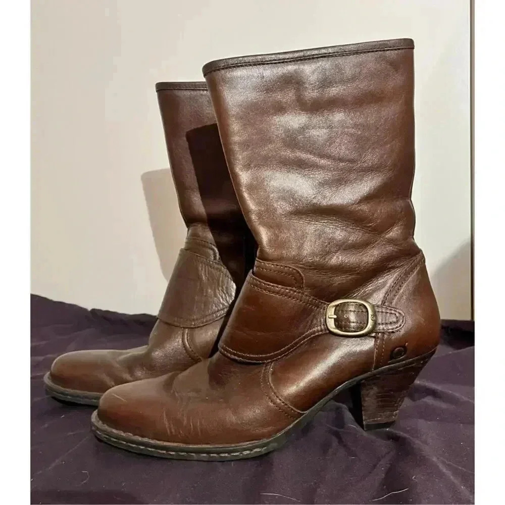 Born Brown Leather Zip Mid Calf Boots, womens size 9